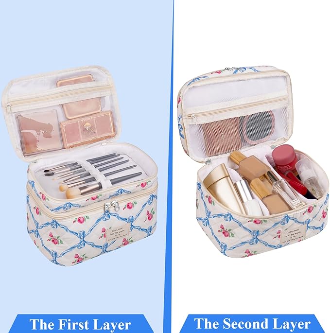Makeup bag, Large Cosmetic Bag for Women Girls, Cute Quilted Makeup Bags, Floral Coquette Aesthetic Toiletry Bag, Travel Make Up Organizer Bag (Blue Bow)