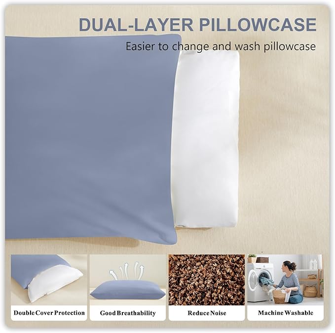 Organic Buckwheat Pillow for Sleeping with Dual-Layer Pillowcase and Extra Tartary Buckwheat Hulls, Adjust Height and Firmness, Neck Support Pillow for Back and Side Sleepers 14"x20", Baby Blue