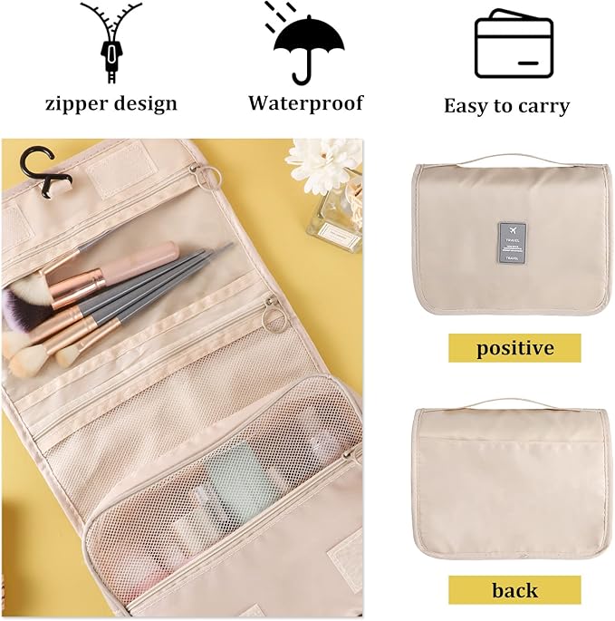 Pengxiaomei Toiletry Bag for Women, Waterproof Hanging Cosmetic Bag Portable Travel Makeup Pouch Multifunction Handle Bathroom Bag for Mothers Day Gifts (Beige)