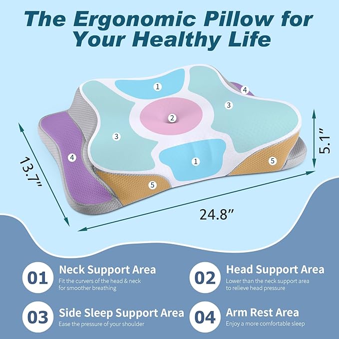 Cervical Neck Pillow - Cooling Ergonomic Neck Support Pillow for Sleeping, Orthopedic Contour Memory Foam Pillows for Side, Back & Stomach Sleepers with Pillowcase