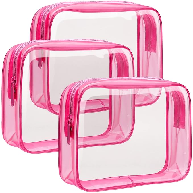 F-color TSA Approved Toiletry Bag 3 Pack Medium - Clear Makeup Bag Travel Quart Size for Women Men, Clear Cosmetic Bag Airport Airline Compliant Carry on Bag, Rose Red
