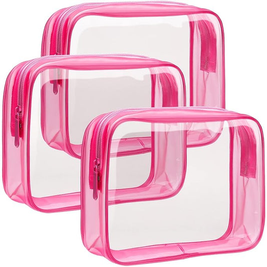 F-color TSA Approved Toiletry Bag 3 Pack Medium - Clear Makeup Bag Travel Quart Size for Women Men, Clear Cosmetic Bag Airport Airline Compliant Carry on Bag, Rose Red