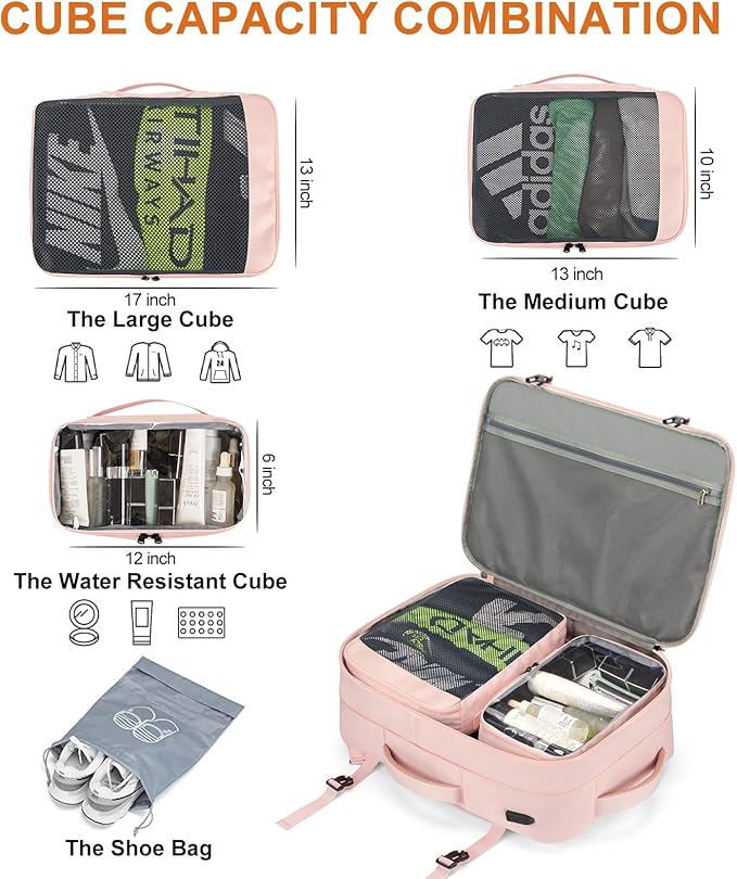 Lumesner Carry on Travel Backpacks, Extra Large 40L Flight Approved Bag for Men & Women,Expandable Suitcase Backpack With 4 Packing Cubes,Water Resistant Luggage Daypack Business Weekender Bag, Pink