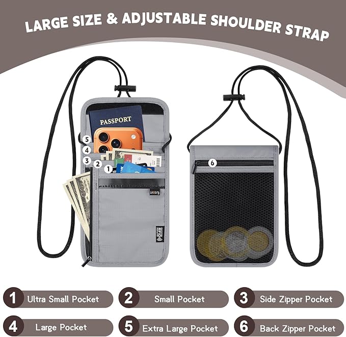 Likesing 5.5" L x 7.9" W Travel Neck Wallet, RFID Blocking Passport Holder for Travel Women Men, Security Lightweight Travel Wallet, Neck Passport Pouch Gifts for Traveling(Light Grey)