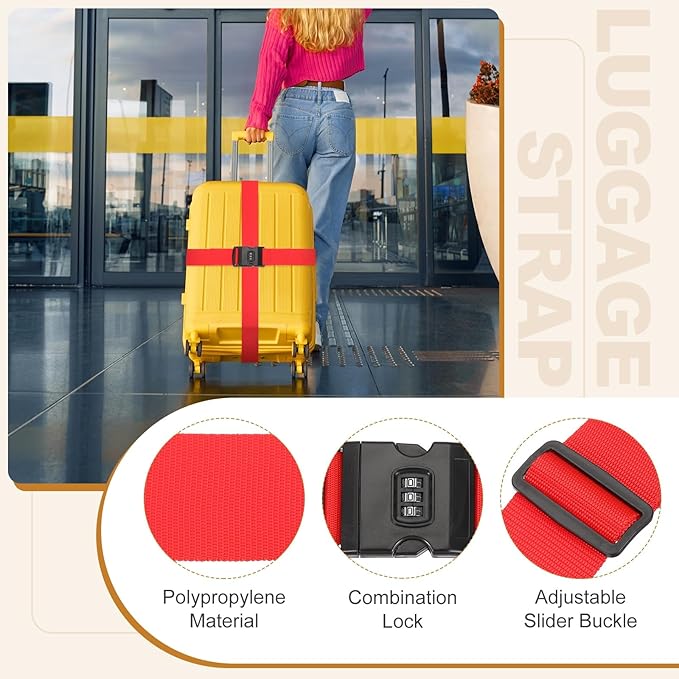 MECCANIXITY Luggage Straps with Combination Lock Adjustable Suitcase Belt Strap for Suitcase Briefcase Backpack Travel, Red, Pack of 4