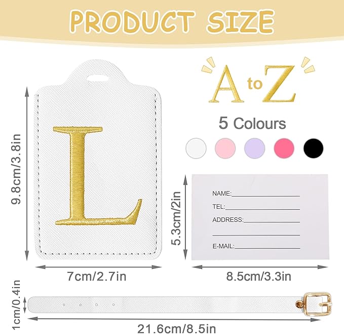 Personalized Initial Luggage Tags for Suitcases, Cute PU Leather Embroidered Letter Travel Luggage Tags, Suitcase Identifier Name Baggage Tag, Bag Tags for Men Women Kids Luggage Handbags(White L)