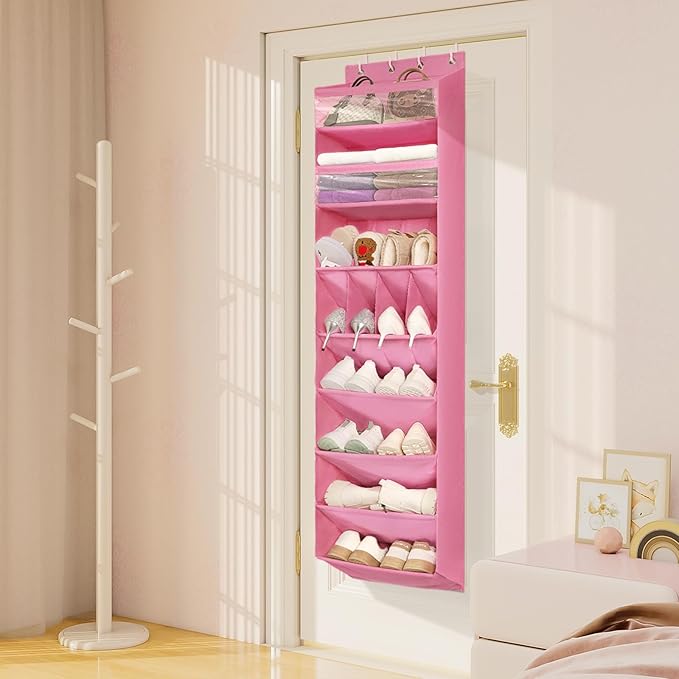 FENTEC 1 Pack 8 Shelves Over The Door Shoe Organizer,68" Exlarge Deep Pockets Hanging Shoe Organizers, Shoe Rack for Closet, Shoe Holder for Boots,Over Door Organizer in Home, RV, Dorm, Pink