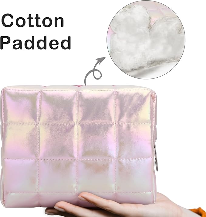 E-Tree Cute Makeup Bag,Quilted Cosmetic Bag,Make up Pouch for Purse,Toiletry Zipper Pouch,Checkered Bag,Travel Case,Storage Pouches for Organization (Dazzling Pink)