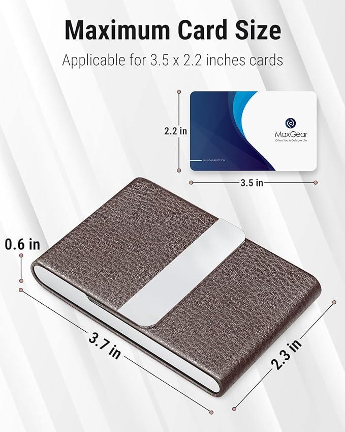 MaxGear Business Card Holder, Slim PU Leather & Stainless Steel Business Card Case for Men & Women, RFID Blocking Name Card Holder with Magnetic Closure, Coffee