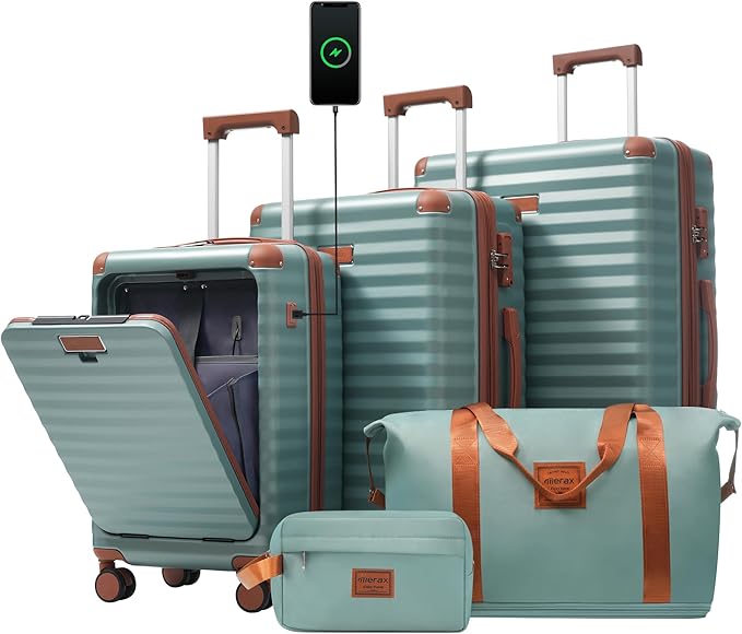 Merax Luggage Sets Front Opening, 3 Piece Hardshell Suitcase with Spinner Wheels and Bags,Lightweight Carry on Luggage with USB Port and Cup Holder,20+24+28,Blue Green
