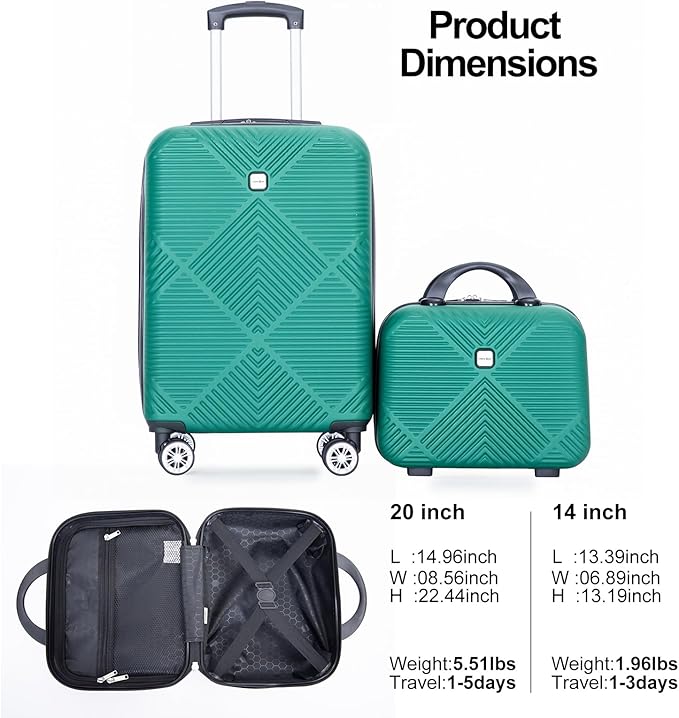 Tripcomp 2 Piece Carry on Luggage Set, Airline Approved 20 Inch Luggage with Cosmetic Case HardShell Suitcase with Spinner Wheels, Lightweight Durable Hardside Suitcases Set, Dark Green