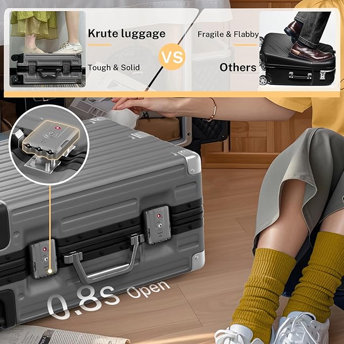 Krute Aluminum Frame Luggage 28 Inch Checked Suitcase with Spinner Wheels TSA Approved No Zipper Hard Shell Luggage PC+ABS Travel Suitcase