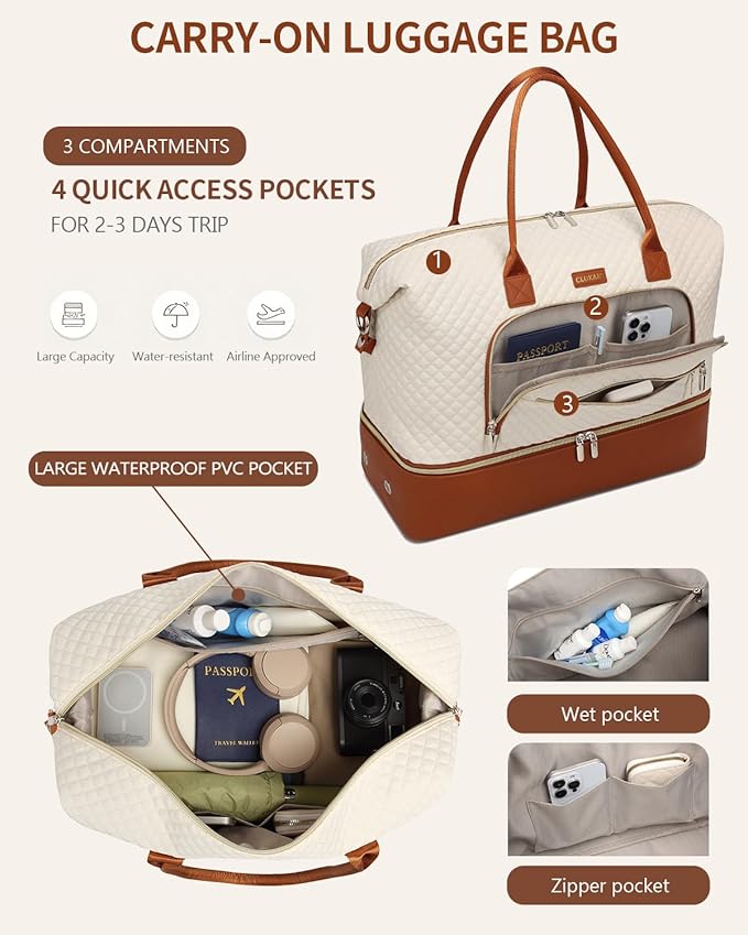 Weekender Bags for Women, Travel Tote Duffle Bag Carry On Overnight Bag with Cosmetics Bag and Crossbody Purse for Gym Hospital, Gifts for Women, Beige Brown
