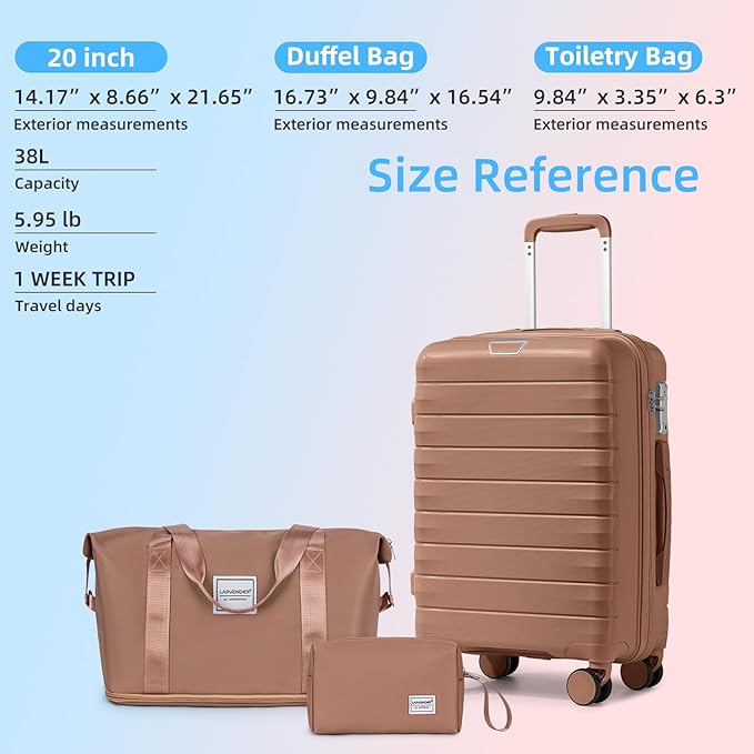 LARVENDER Luggage Sets 3 Piece, Hardside PP Carry On Suitcase with 360° Spinner Wheels TSA Lock Luggage Sets for Women, Mocha