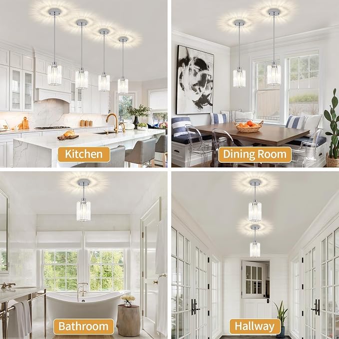 Chrome Pendant Lights Over Island Modern Crystal Kitchen Lighting Fixtures | 1 Pack Adjustable Entryway Ceiling Lights, Hanging Pendant Light for Dining Room Bathroom Hallway Above Sink