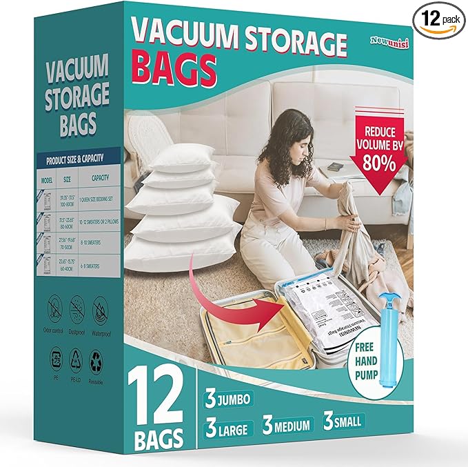 12 Pack Vacuum Storage Bags, Space Saver Compression Bags for Clothing, Comforters, Blankets, Vacuum Seal Bags with Hand Pump. (3×Jumbo, 3×Large, 3×Medium, 3×Small)