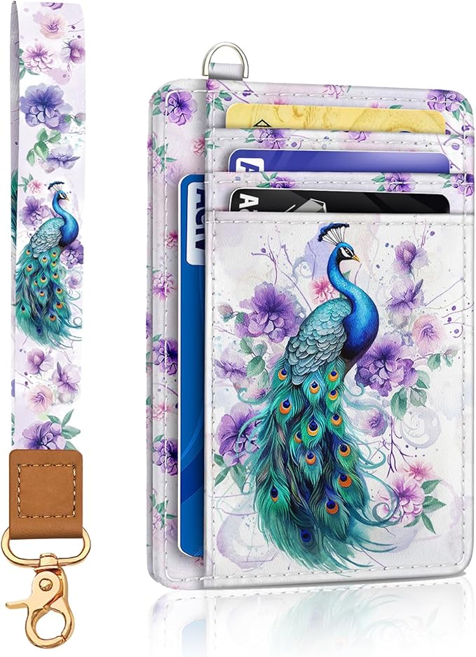 Yonlevres Peacock Credit Card Holder Slim Wallet, RFID Wallet Women Front Pocket Wristlet Lanyard, Small Card Holder Travel Funny Cute Thin ID Window PU Leather Case Organizer Gifts Girls