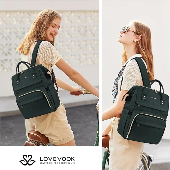 LOVEVOOK Laptop Backpack for Women,15.6 Inch Professional Womens Travel Backpack Purse Computer Laptop Bag Nurse Teacher Backpack,Waterproof Work Bags Carry on Back Pack with USB Port,Dark Green