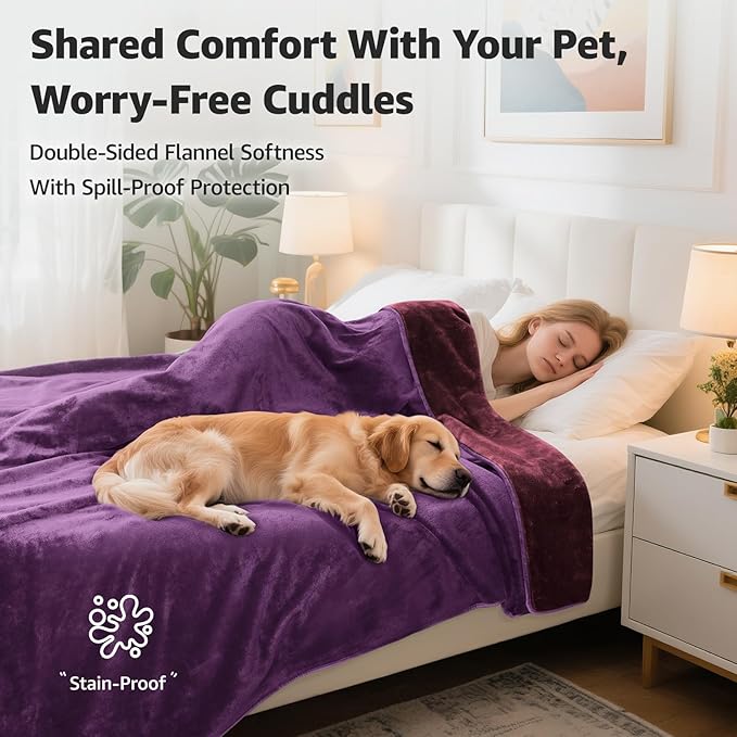 LOOBANI Waterproof Blanket for Bed: Reversible Soft Flannel King Size Bed Blanket 85" x 108", Waterproof Dog Blankets for Large Dogs, Spill-Proof Cover for Furniture Protection, Movie Time, Purple