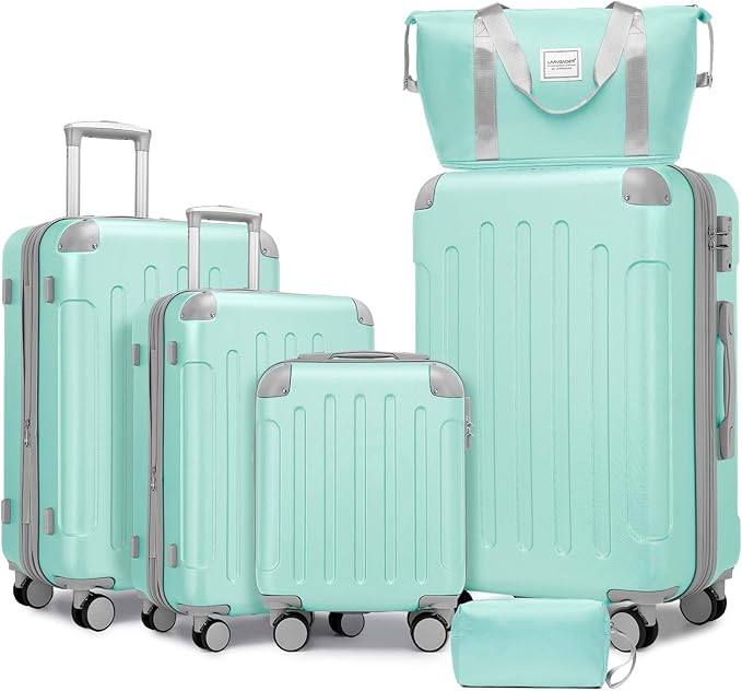 6 Piece Luggage Set Hard Shell - Mint Green Expandable Suitcases with Spinner Wheels and Duffel Bags for Family Travel, Durable Carry On Luggage Sets with Lock for Women and Men