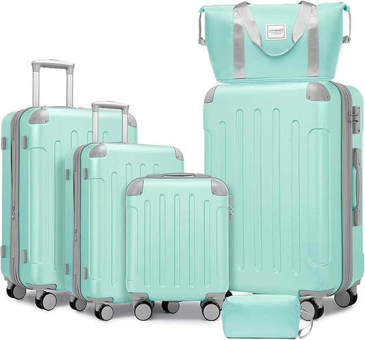 6 Piece Luggage Set Hard Shell - Mint Green Expandable Suitcases with Spinner Wheels and Duffel Bags for Family Travel, Durable Carry On Luggage Sets with Lock for Women and Men