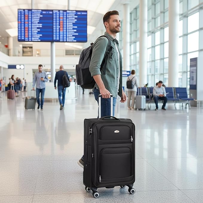 26" Luggage Softside Expandable 15% Checked Luggage with Double Spinner Wheels Combination LOCK,Lightweight Travel Suitcase for Men/Women（Black,26in）