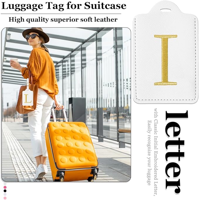 Personalized Initial Luggage Tags for Suitcases,Leather Letter Cute Luggage Tags with Privacy Name Card,Embroidered Monogrammed Travel Bag Backpack Tag Gifts for Women Kids Girls Teens(White-I)