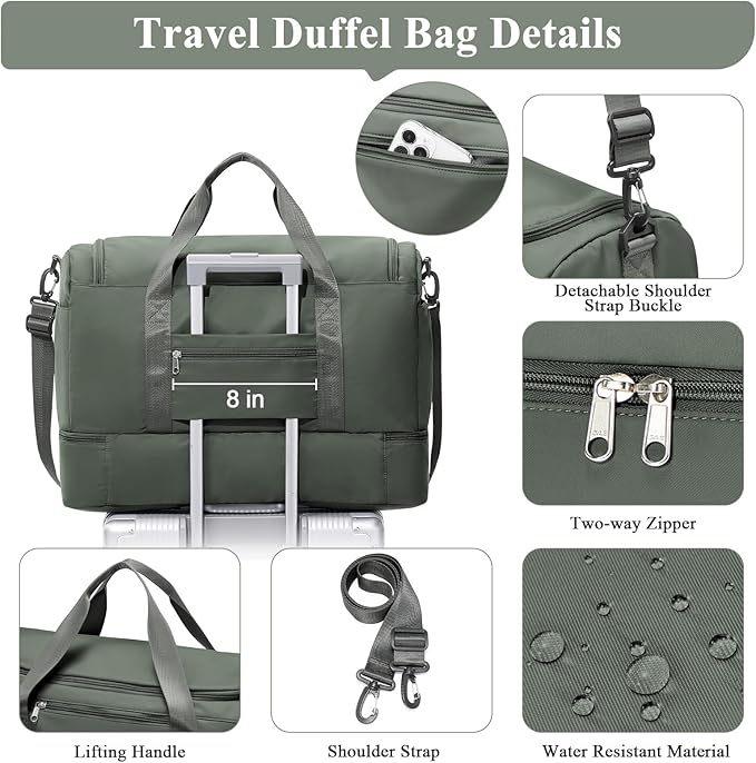 Extra Large Travel Duffle Bag,Carry on Overnight Weekend Bag with Shoes Compartment,Weekender Bags for Women for Travel Business Trips Sport Hospital,Dark Green