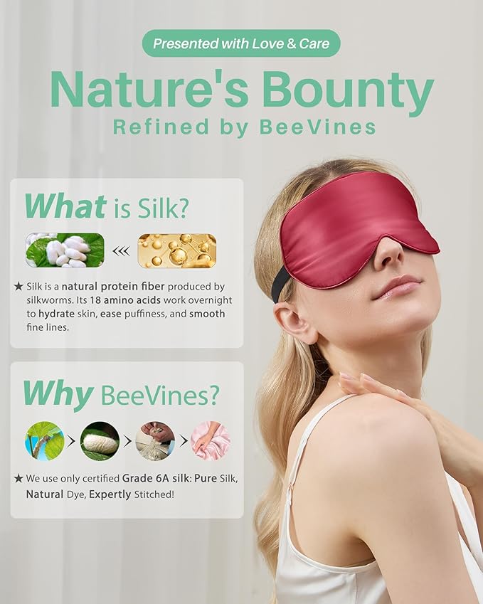 BeeVines 100% Real Mulberry Silk 2 Pack Sleep Mask, Pure Silk Eye Masks with Adjustable Strap for Sleeping, 100% Block Light Eye Shade Cover, Reduces Puffy Eyes Traveling Gifts(Black & Red)