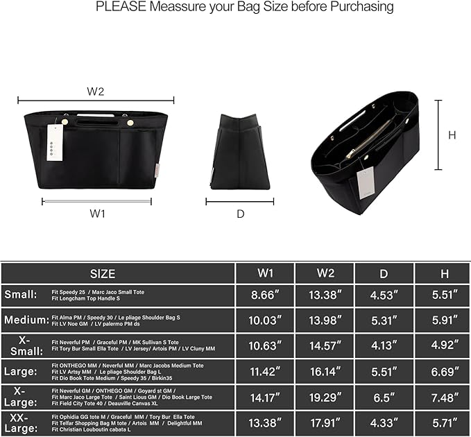 ZTUJO Purse Organizer Insert For Handbags, Silky Bag Organizer With 2 Zippers For Speedy Neverful Tote and More (Black, XX-Large)