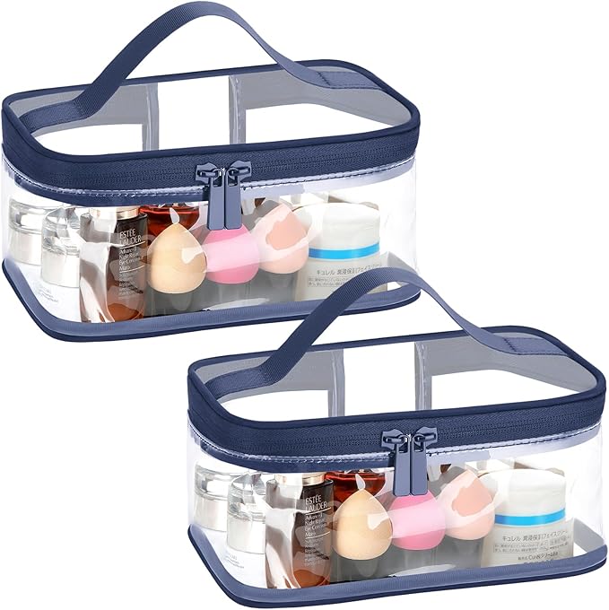 HAOGUAGUA 2 Pieces Clear Makeup Bags Cosmetic Toiletry Bags for Traveling, Waterproof Travel Transparent TSA APPROVED Carry On Airport Airline Compliant Bag (2 PIECES BLUE)