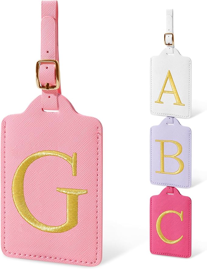 Initial Luggage Tags for Suitcases, Cute Embroidered Letter Luggage Bag Suitcase Identifier Name Baggage Tag, PU Leather Travel Luggage Tags, Bag Tags for Men Women Kids Luggage Handbags(Pink G)