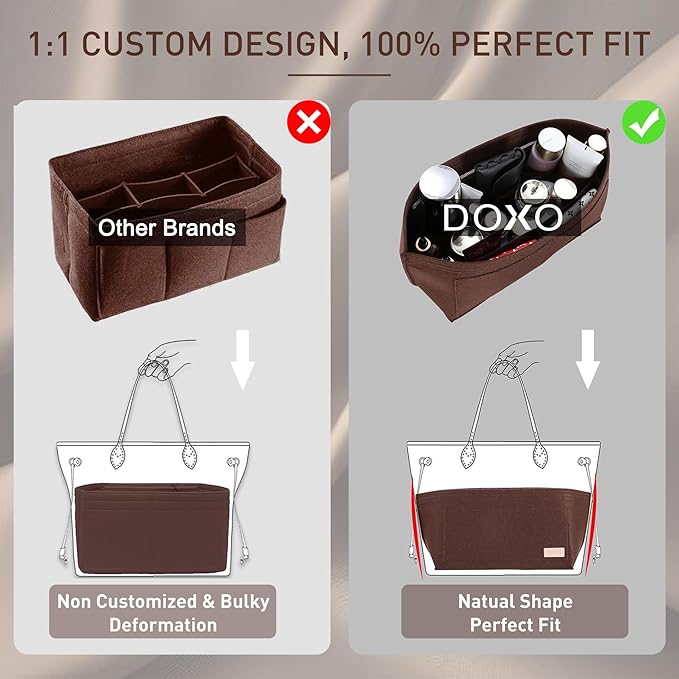 Doxo Purse Organizer Insert for Handbags & Base Shaper 2pc Set, Felt Bag Organizer for Tote with 3 Sizes, Compatible with Neverful PM and More (PM-Brown-Medium)