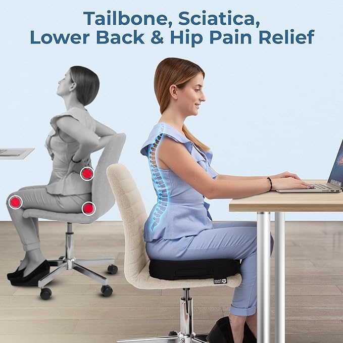 5 STARS UNITED Seat Cushion - Memory Foam Chair Cushion for Tailbone Pain Relief - Ergonomic Support for Coccyx, Sciatica & Butt - Office, Desk & Gaming Chair, Car Seat, Wheelchair, Airplane, Black