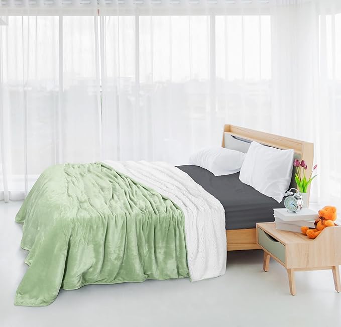 Utopia Bedding Sherpa Blanket Throw Size (Sage Green, 50x60 Inches) - Soft Lightweight Plush Fleece Reversible Blanket for Bed, Sofa, Couch, Camping and Travel