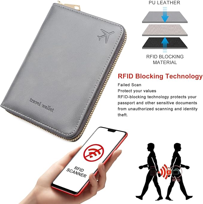 defway Passport Holder Travel Wallet - RFID Blocking Passport Holder Wallet, Full Zip Travel Card Cover with RFID Protection, Multi Slot Organizer for Cards Cash Documents Travel Essentials (Grey)
