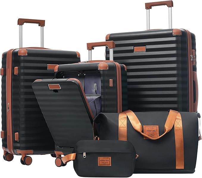 Merax Luggage Sets 5 Piece,Front Open Hardshell Expandable Suitcase with Spinner Wheels and Duffel Bags,Lightweight Carry on Luggage with USB Port and Cup Holder,20/24/28IN,Black and Brown