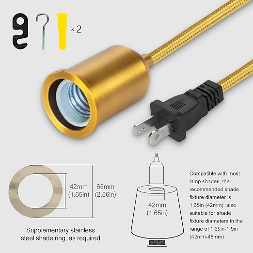 Plug in Pendant Light Cord 15FT Gold, Hanging Lamp Kit with Switch | Woven cloth cord, ceramic E26 socket, brushed aluminum shell, inline switch, fits most compatible shades