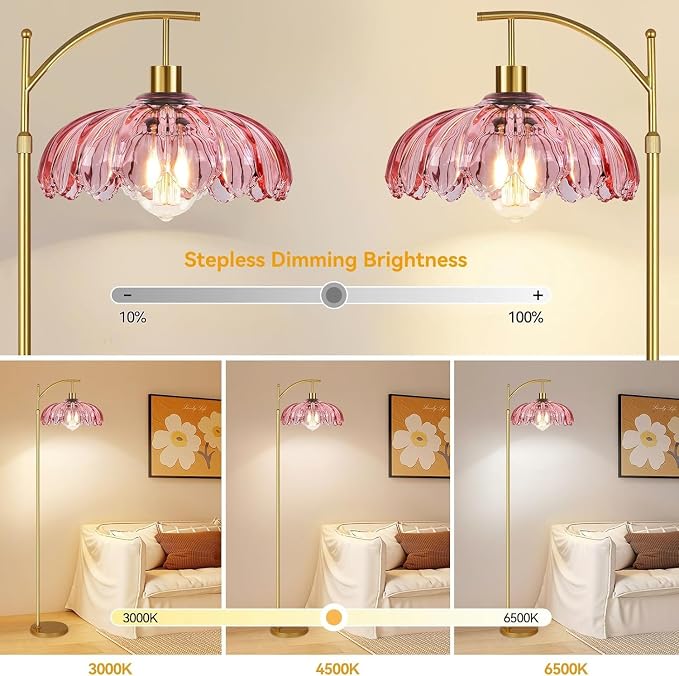 Gold Arc Floor Lamp for Living Room Bedroom,Mid Century Modern Standing Lamp with Remote,Dimmable Brass Tall Lamp Pink Flower Glass Lamp,Adjustable Vintage Floor Lamps Floor Light for Corner Office