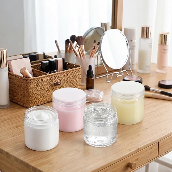 Patelai 4 Pieces Round Wide-mouth Leak Proof Plastic Container Jars with Lids for Travel Storage Makeup Beauty Products Face Creams Oils Salves Ointments DIY Making(8 Ounce,Clear)
