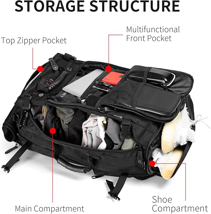 Large Capacity For Travel Hiking Sports Carry On Backpack Durable Convertible Duffle Bag Laptop airplane (black, 60L-Large)