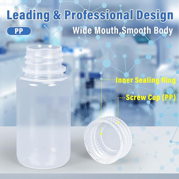 DEMORA 2 oz Small Plastic Bottles with Caps, Airtight Refillable Wide Mouth Travel Bottles for Toiletries, PP Food Grade Plastic Containers for Liquids Pill Sample Lab Reagent (Clear, 4 Pcs)