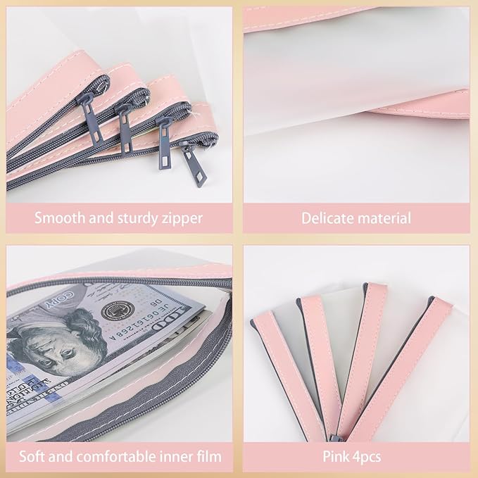 VOCHIC 4pcs Storage Bags with Zipper, Pink TPU Money Pouch, Clear Bank Deposit Bags, Waterproof Cash Bag for Collectors, Multi-Purpose Check Wallet (Pink, 7.6 x 3.7 inch, 4 Bags)