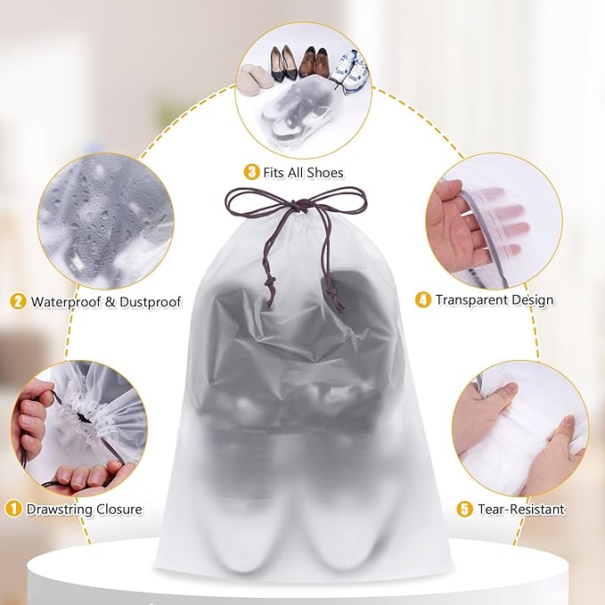 Waterproof Shoe Bags for Travel - 15.7x11.8 Inches Drawstring Bags Organizers (10 Pack), Clear Waterproof Bag Travel Essentials for Men & Women, Shoe Bags for Storage (Packing, Gym, Luggage Storage)