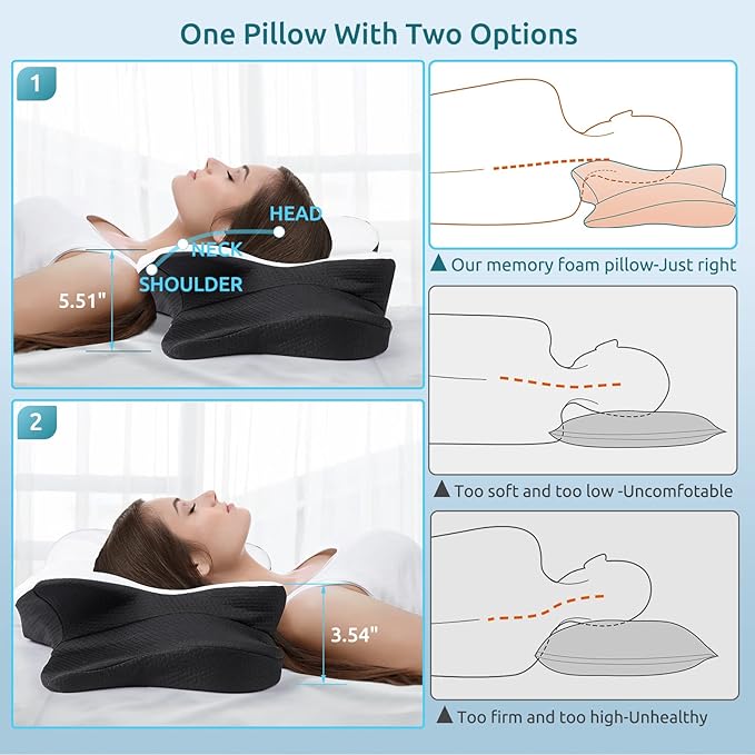 DONAMA Cervical Pillow for Neck and Shoulder Pain Relief, Cooling Contour Memory Foam Pillow, Dual-Height Ergonomic Neck Support Pillow for Side Back Stomach Sleepers with Removable Pillowcase