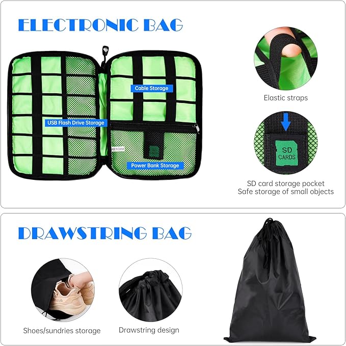 NiHome 7PCS Compression Packing Cube Set Expandable Mesh Travel Bag Luggage Organizers with Electronic Cable Cord Charger Organizer Drawstring Bag for Trip Home Storage Travel Gear Accessories (Black)
