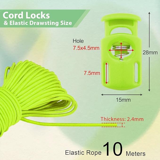 10 Meter 3mm Elastic Bungee Shock Cord Stretch String, 25pcs Plastic Cord Locks Spring Toggle Stopper for Drawstring Backpack Shoelaces(Neongreen)