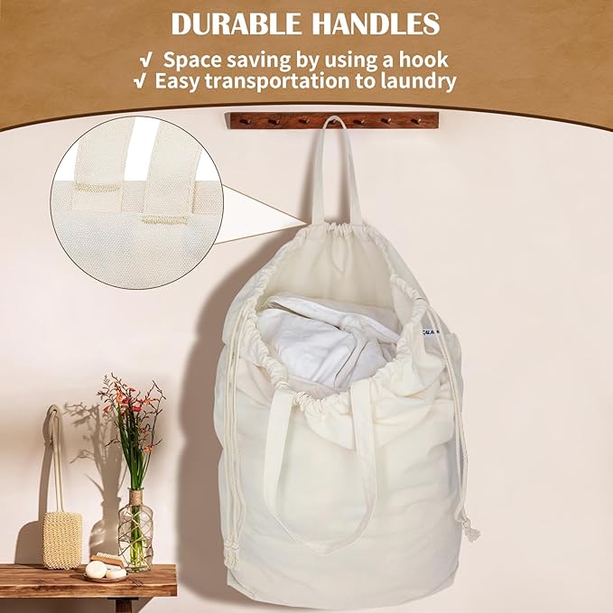 Canvas Laundry Bags with Handles & Square Base18"Lx18"Wx27.6"H, Extra Large Heavy Duty Laundry Basket Hamper Liner, Washable Drawstring Dirty Clothes Bag Canvas Storage Sack (Beige XXL,1 Pack)