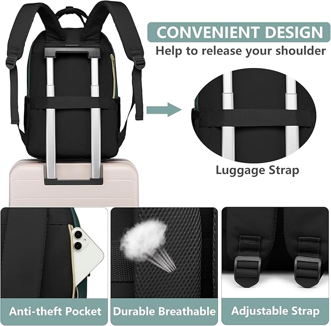 Laptop Backpack for Women Work Bag - 15.6 inch Travel Backpack with USB Charger College Bookbag Waterproof Business Computer Backpack Anti-theft Casual Backpacks for Nurse Teacher Black Green