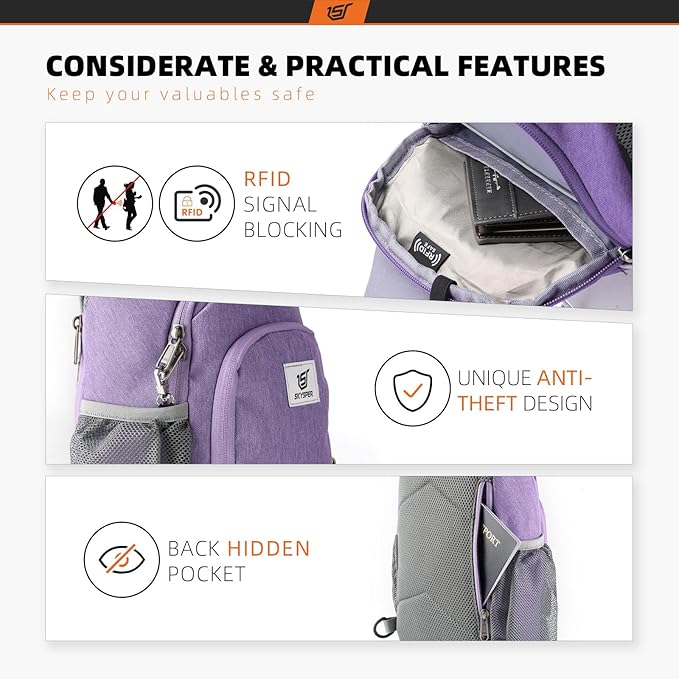 SKYSPER Sling Bag RFID Crossbody Sling Backpack Cross Body Shoulder Bag Travel Hiking Daypack for Women Men(Purple)